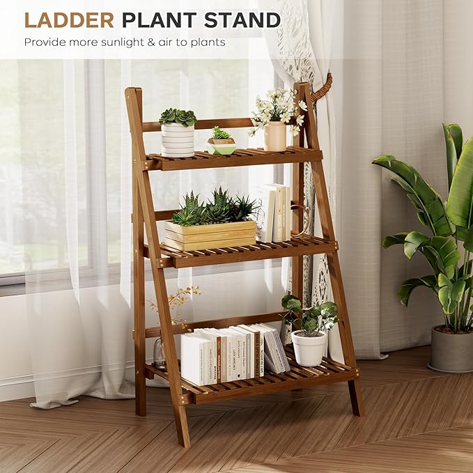 39.4" Bamboo Ladder Shelf Plant Shelf, 3 Tier Foldable Ladder Flower Pot Display Shelf Rack, 23.6"W x 15"D x 39.4"H, Freestanding Bookshelf for Garden, Balcony, Yard, Patio, Lawn, Living Room, Walnut