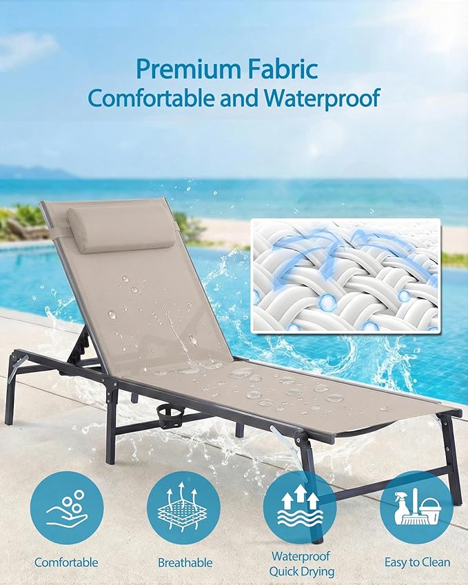 Foldable Chaise Lounge Chair with Cup Holder, Assemble-Free Outdoor Lounge Chair with Detachable Pillow and 6 Adjustable Backrest, Patio Lounge Chair for Outside Poolside Beach Pool, Khaki