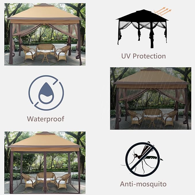 GDY 11x11 Pop Up Canopy Tent, Outdoor Canopy with Netting, Outdoor Gazebo for Backyard, Tent with Handbag, Brown.