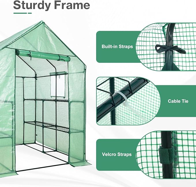 Aoodor Walk-in Greenhouse with 8 Shelves, 4.7 × 4.7 × 6.4 ft Outdoor Garden Plant House with PE Cover for Growing Vegetables, Flowers, Herbs