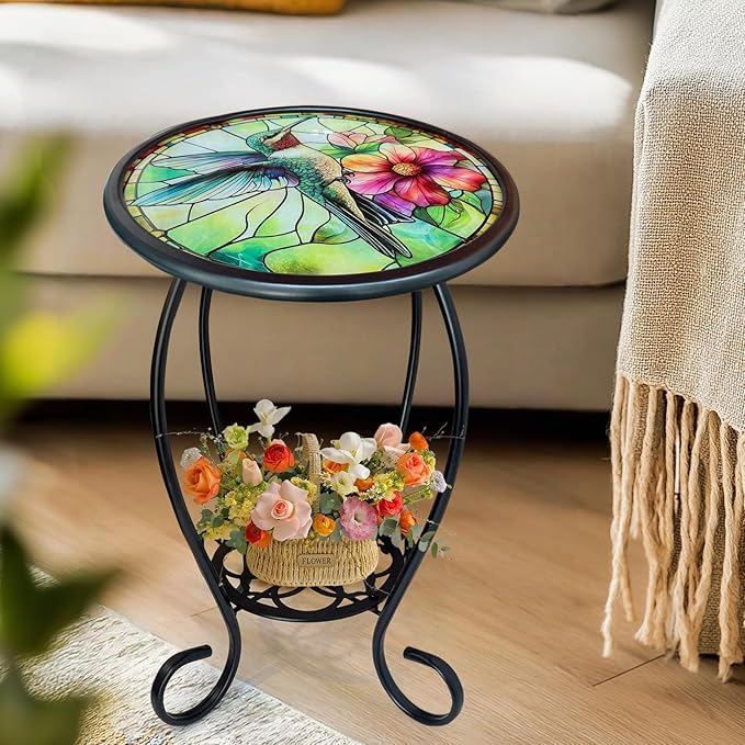 LIFFY Patio Side Table, 14" Round Mosaic Outdoor Table with Glass Hummingbird Tabletop, 21" Height 2-Tier Indoor Small Decorative Plant Stand & Accent Table with Metal Frame for Garden, Yard, Home