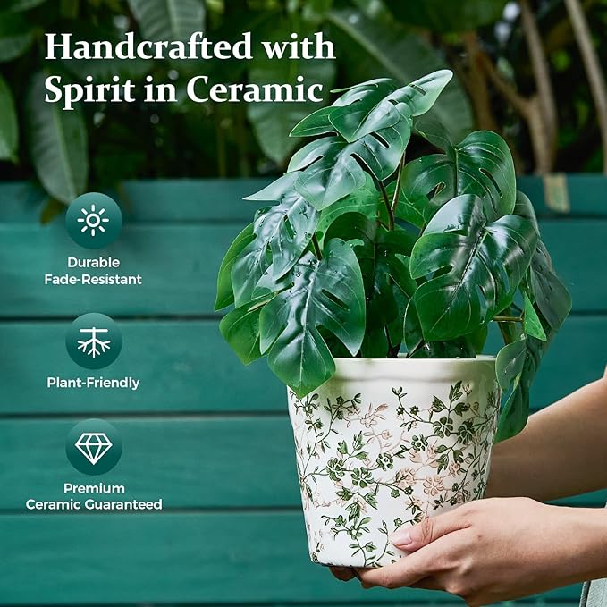 Ceramic Planter with Drainage Hole, Plastic Tray & Mesh, 6 Inch - Indoor/Outdoor Flower Pot for Orchids, Succulents, Green Floral Modern Farmhouse Décor for Home,Office and Garden, Ideal Gift