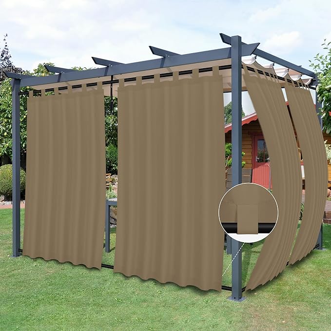 Easy-Going Outdoor Patio Curtains Detachable Tab Top Windproof Weatherproof Curtain for Cabana, Porch, Pergola and Gazebo, Tab Bottom Drape, 2 Panels, 54W x 84L inch, Khaki
