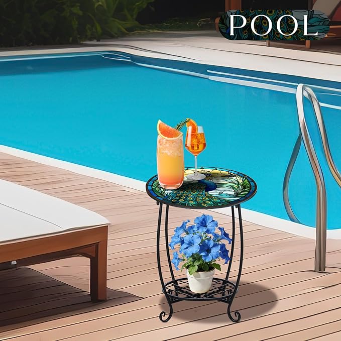 Outdoor Side Table Round Small Mosaic Patio Accent Indoor End Plant Coffee Tea Table for Yard Patio Porch Garden Living Room, Bedroom(Peacock Style,18 Inch)