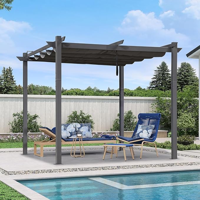 PURPLE LEAF 10' x 10' Aluminum Outdoor Pergola Wind-Resistant Retractable Pergola with Double Sun Shade Canopy Heavy-Duty Metal Pergola for Patios Backyard Deck Garden, Gray