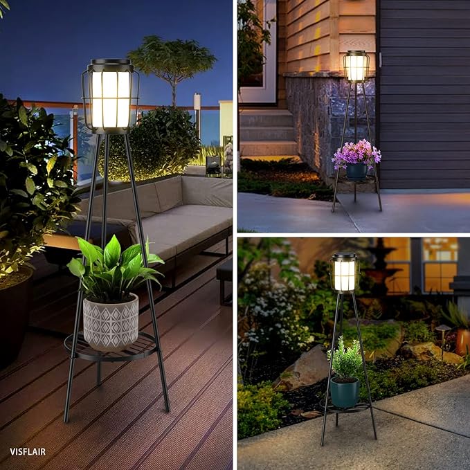 2 Pack Solar Lights with Plant Stand, Outdoor Floor Lamps, Waterproof Solar Powered Floor Lamps for Patio Deck Porch Yard Garden Decor
