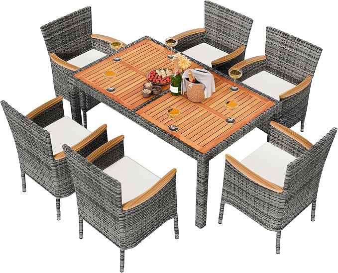 Shintenchi 7 Piece Patio Dining Set, Wicker Patio Conversation Set with Wooden Table Top, Outdoor Table and Chairs with Soft Cushions for Backyard, Deck and Garden, Grey Wicker
