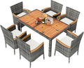 Shintenchi 7 Piece Patio Dining Set, Wicker Patio Conversation Set with Wooden Table Top, Outdoor Table and Chairs with Soft Cushions for Backyard, Deck and Garden, Grey Wicker