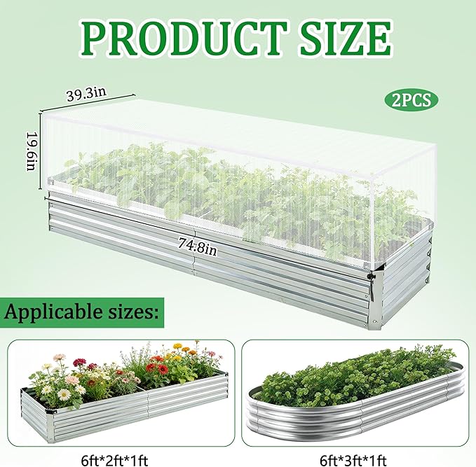 2 Pack Garden Netting for Raised Beds, 74.8" x 39.3" x 19.6" Garden Bed Insect Bird Netting Cover, Raised Garden Bed Plant Cover Mesh Pest Barrier Screen for Protecting Vegetables Fruits Flowers