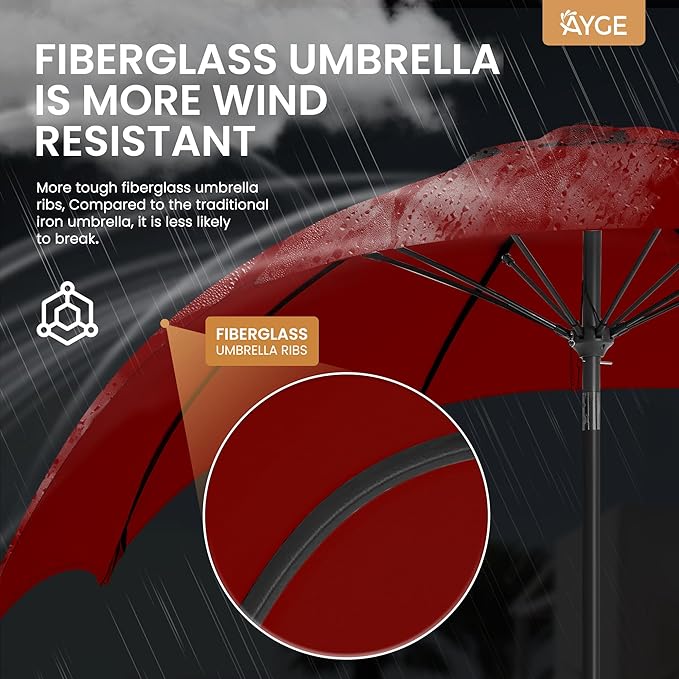 Ayge 9FT Large Outdoor Patio Umbrella Market Table Umbrella-UV Resistant, Easy Push Button Tilt and Crank, 8 Sturdy Fiberglass Ribs Heavy-Duty Pool Umbrella for Deck, Backyard,Garden,Red