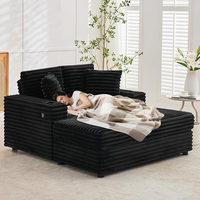 GarveeHome Oversized Chaise Lounge Chair Indoor, 56x60 in Comfortable Corduroy Lounge Sofa with Charging Ports & Cup Holders, Cozy Reading Couch for Bedroom Living Room Apartment, Black