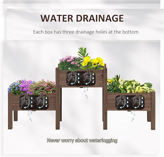Outsunny Raised Garden Bed with 3 Planter Box, Elevated Wooden Plant Stand with Drainage Holes, for Vegetables, Herb and Flowers, Coffee