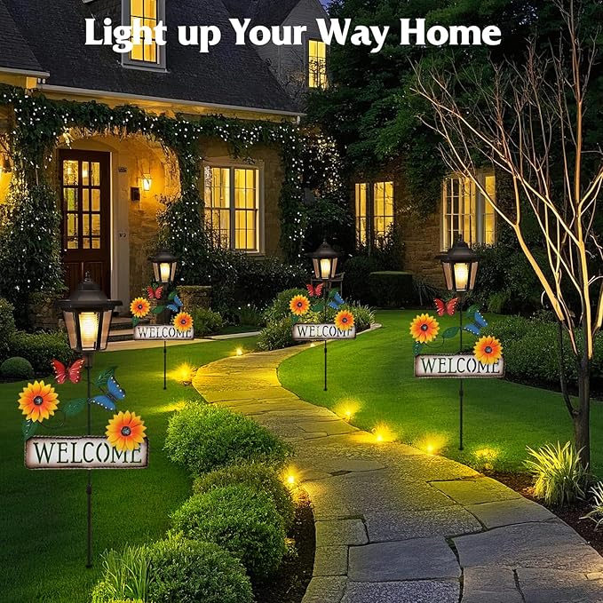 Lewondr Solar Garden Lights Butterfly, 37.4 Inch Solar Lamp Post Light with Welcome Sign & Butterflies, Outdoor Waterproof Solar Stake Lights for Yard Porch Patio Pathway Gardening Gifts, 2 Pack