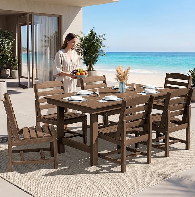 SERWALL Patio Dining Sets for 6 Person, HDPE Dining Set with 6 Armless Chairs, Brown