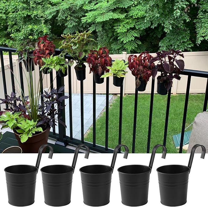 20 Pack 4 Inch Railing Hanging Planter, Black Small Hanging Bucket Planters, Metal Hanging Flower Pots, Metal Railing Bucket for Outdoor, Balcony, Fence, and Porch with Detachable Handles