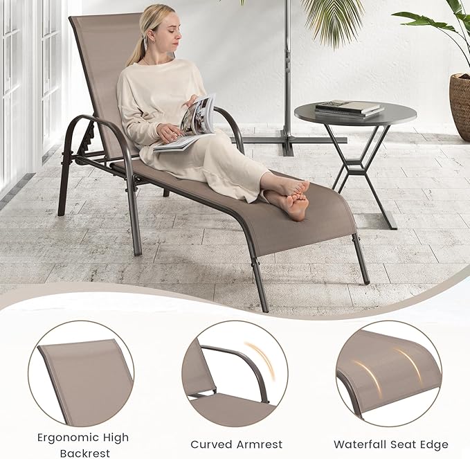 Giantex Patio Lounge Chair, Outdoor Chaise Lounge with 5 Adjustable Backrest, Sturdy Metal Frame, Sunbathing Recliner, Tanning Chairs for Outside, Beach, Yard, Balcony, Poolside, Brown