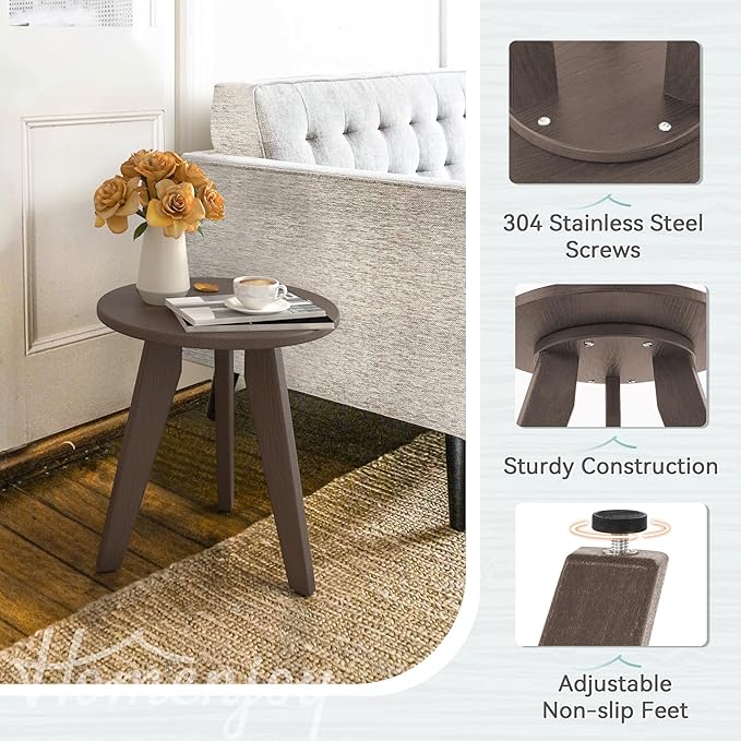 Outdoor Side Table, HDPS Outdoor Table, Small Round Side Table Weather-Resistant, Outdoor Side Tables for Patio, Porch,Deck,End Table for Plant Stand, Dark Brown