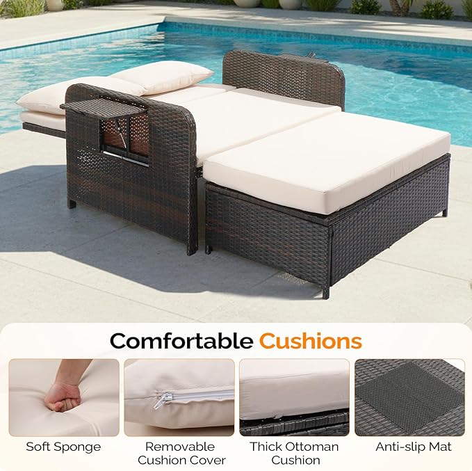 VINGLI Patio Daybed, Wicker Outdoor Daybed with Storage Ottoman & 5-Level Adjustable Backrest, All-Weather Rattan Cushioned Patio Loveseat Sofa for Garden Balcony Backyard (Beige, Brown)