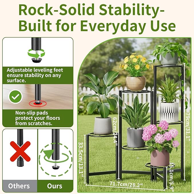 Outdoor Plant Stands for Patio Corner Tall Plant Stand Indoor Metal Flower Pot Stands for Multiple Plants 6 Tier Heavy Duty Shelf Black Kite