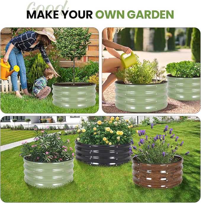 G GOOD GAIN Round Raised Garden Bed - 1Pc 2x2x1ft Galvanized Steel Planter Boxes Outdoor with Rubber Edge Trim | Metal Raised Beds for Gardening Vegetables Flowers Fruits Herbs (Olive Green)