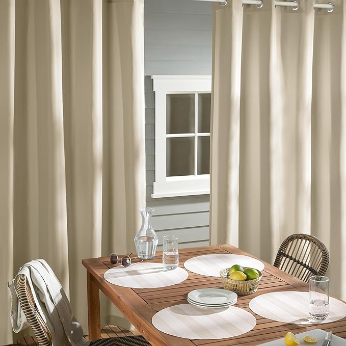Town & Country Basics Cabana Solid Heavyweight Indoor Outdoor Curtains, Light Filtering Opacity with Grommet Top, Water Repellent, 2-Pack Set, 54"x63", Taupe
