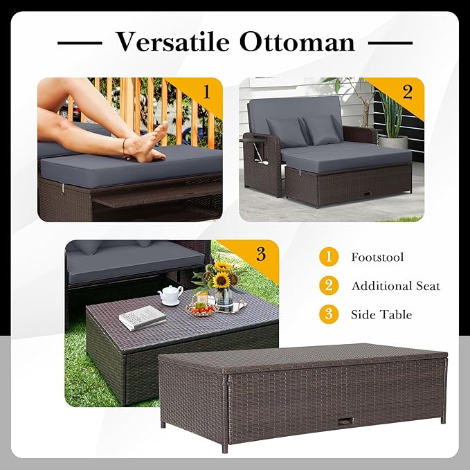 Tangkula Patio Rattan Daybed with 4-Level Adjustable Backrest, Outdoor PE Wicker Loveseat with Storage Ottoman & Folding Side Tray, Double Sunbed Lounger for Balcony, Backyard & Poolside, Grey & Brown