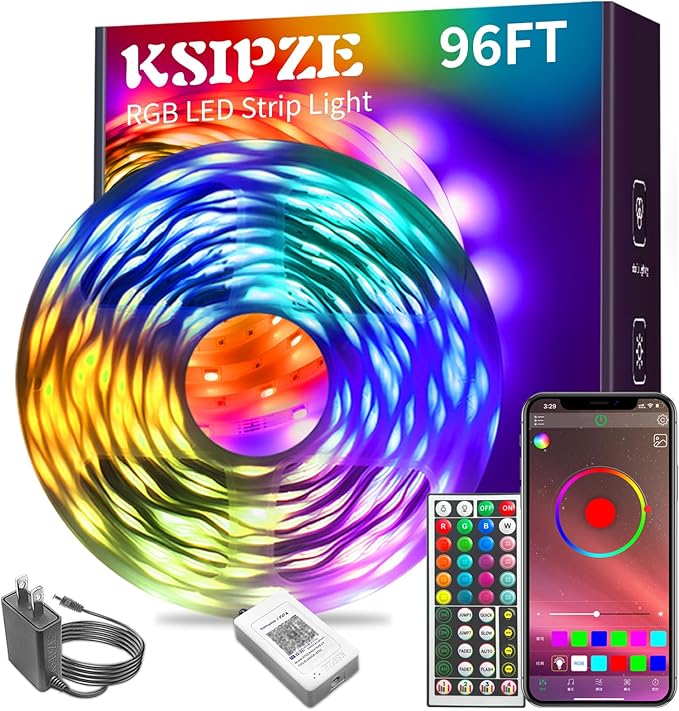 KSIPZE 96ft Led Strip Lights RGB Music Sync Color Changing Bluetooth Led Lights with Smart App Control Remote Led Lights for Bedroom Room Lighting Flexible Home Décor
