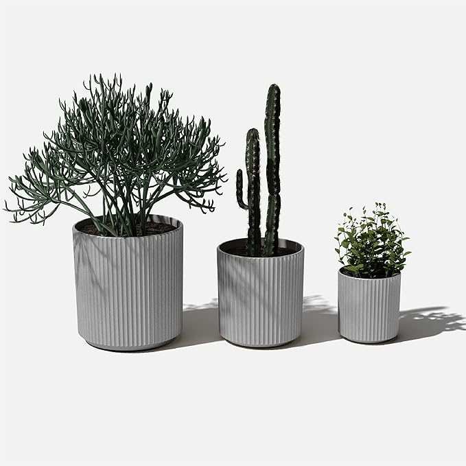Veradek Demi Series Set of 3 Round Planters for Porch, Patio, Backyard | Durable Plastic-Concrete Material | Modern Décor for Tall Plants, Flower