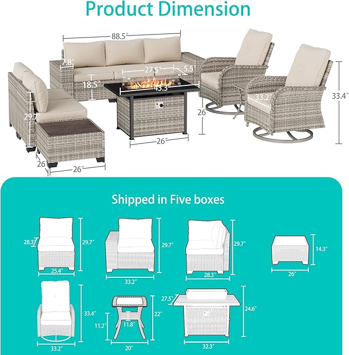 10-Piece Outdoor Patio Furniture Set with Rocking Swivel Chair, PE Wicker Rattan Sectional Sofa Patio Conversation Set with 55,000 BTU Fire Pit Table & Coffee Table, White