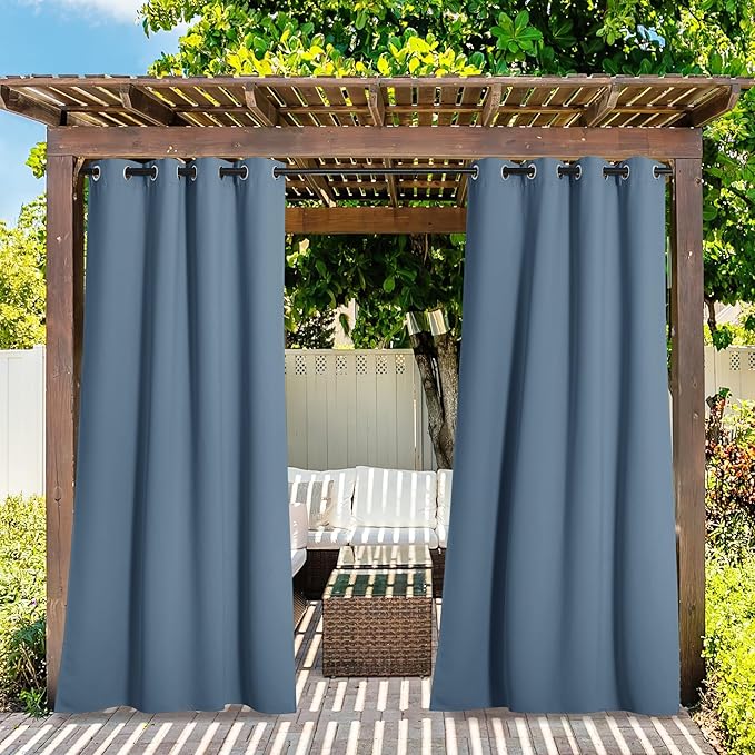 NICETOWN 2 Panels Stone Blue Patio Outdoor Curtains Waterproof, Thermal Rustproof Grommet Blackout Indoor Outdoor Curtains Room Darkening Window Treatments for Pool, W52 x L84