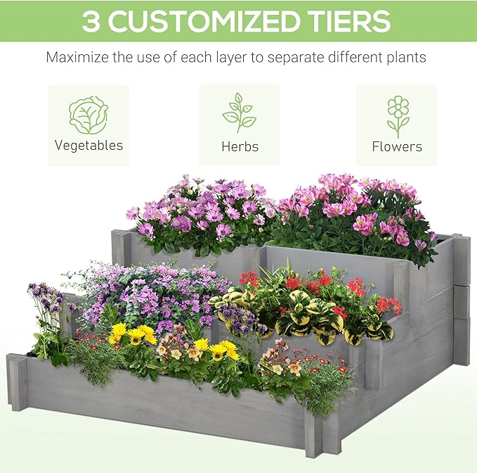 Outsunny 3-Tier Raised Garden Bed with 5 Compartments and Bed Liner, Fir Wood Elevated Planter Box, for Vegetables, Herbs, Outdoor Plants, 37 x 37 x 14in, Gray