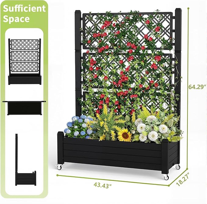 EasyUp Rolling Garden Planter Box with Trellis & Lockable Casters, Outdoor Raised Bed with Drainage & Water Gauge, Durable Resin for Patio, Balcony, Yard, Dust-Proof (Black, 43.43 * 18.27 * 64.29)