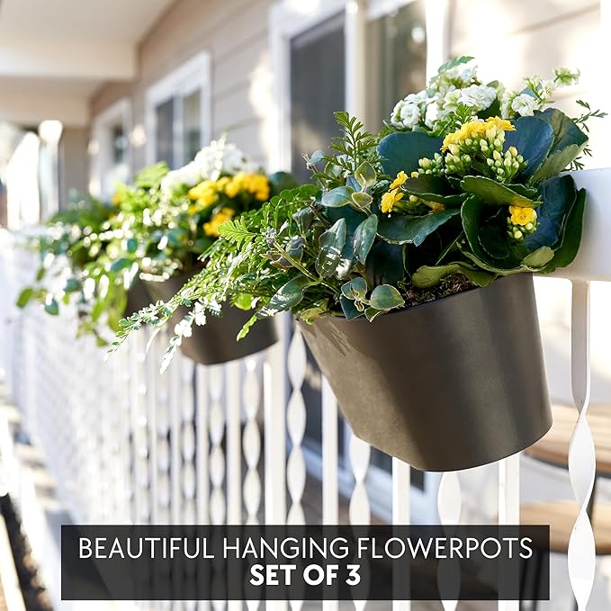 KIBAGA Beautiful Hanging Flower Pots for Outside Railing Or Fence - Stylish Set of 3 Outdoor Planters for Any Balcony, Porch or Deck - Window Planter Boxes are Perfect for Your Flowers