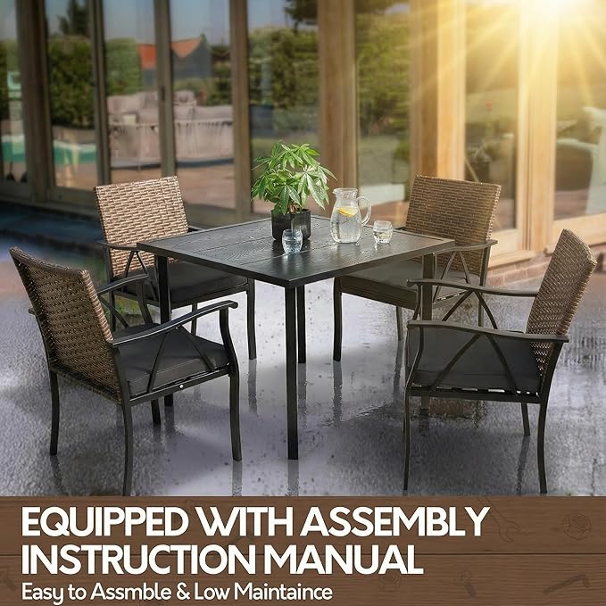 5-Piece Patio Dining Set for 4, Outdoor Dining Set with 4 Wicker Patio Dining Chairs with Cushions & 1 Black Square Woodgrain Dining Table with 1.75" Market Umbrella Hole, Black & Brown