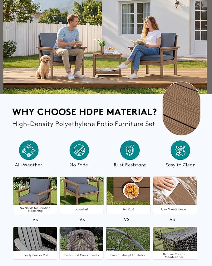 SERWALL HDPE Patio Sofa Set, 3-piece Sectional Outdoor Furniture Set, All Weather Outdoor Couch Set Patio Furniture Set for Deck, Lawn, Brown Frame with Grey Cushion