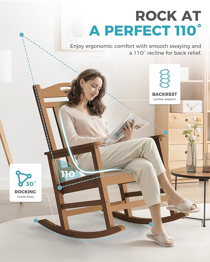 Ciokea Oversized Outdoor Rocking Chairs Set of 4, 380lbs Heavy-Duty Large Patio Rocker, High Back Cozy Porch Chairs, Weather Resistant Patio Rocking Chairs for Outside, Fire Pit, Deck, Teak
