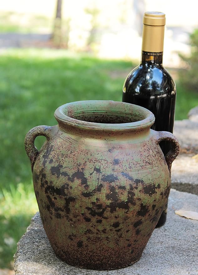 Egyptian Era Designed Earthen Ware Terra-Cotta Vessel/Planter with Looped Handles (Fat Belly Winter Green)