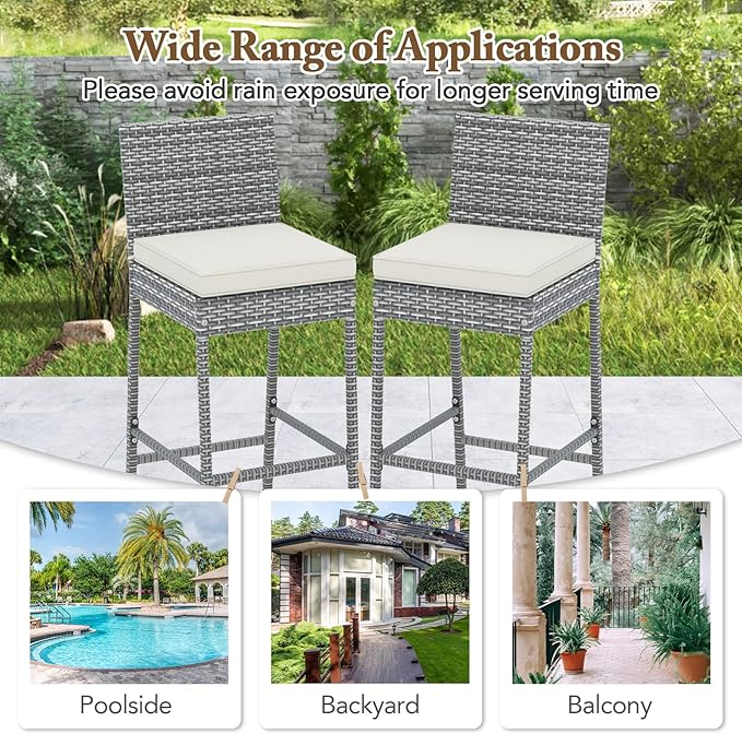 HAPPYGRILL Patio Wicker Barstools Set of 2, Outdoor Bar Height Chair w/Soft Seat Cushion & Cozy Footrest, Heavy-Duty Metal Frame, 400 lbs Max Load, Rattan Armless Bar Chairs