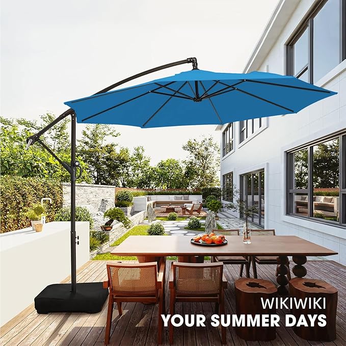 wikiwiki 10ft Patio Umbrella with Base Included, Outdoor Offset Cantilever Umbrella with Sandbag Base for Backyard, Garden and Pool, Easy to Tilt and Crank, Royal Blue