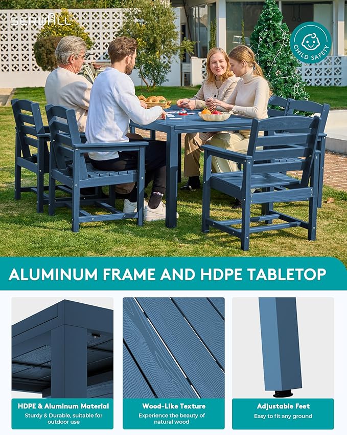 SERWALL Outdoor Expandable Dining Table 60" - 83", Patio Dining Table for 4-10 People, All Weather HDPE and Aluminum Outdoor Furniture for Backyard, Garden, Blue