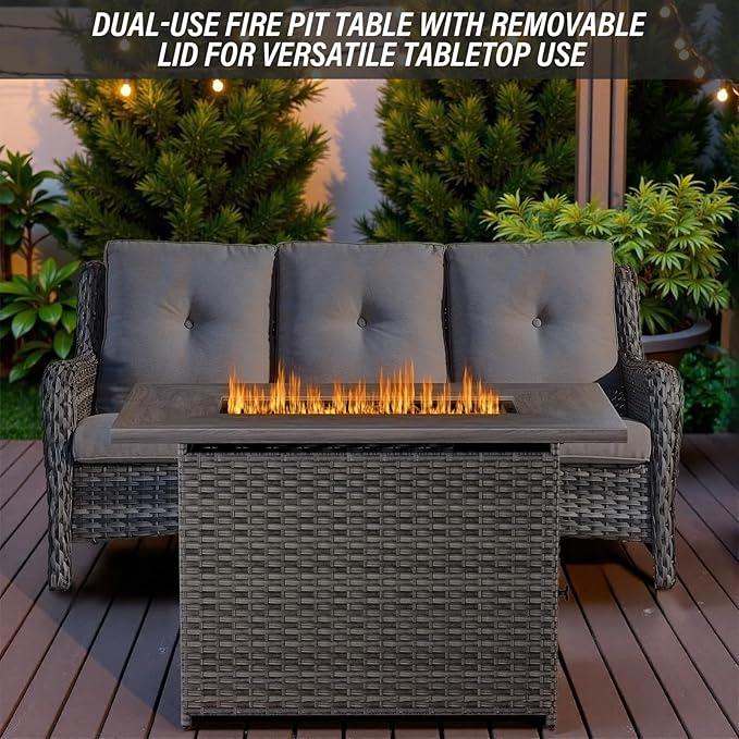 Belord Outdoor Sectional Sofa with 41" Propane Fire Pit Table - 9 Piece Patio Conversation Set with Storage Box and Swivel Rocker Chairs All-Weather PE Wicker Furniture Set Gray