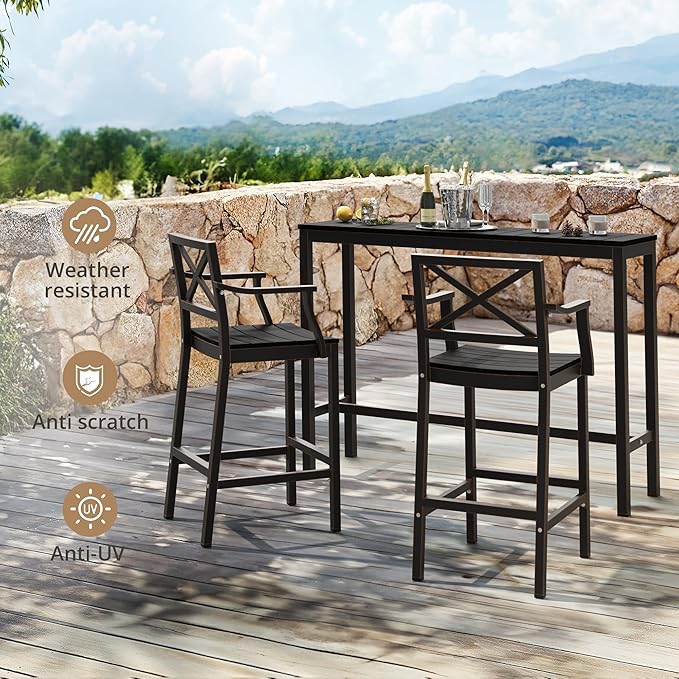 Outdoor Bar Table, 55" Patio Bar Height Counter Console Table, Black Waterproof HDPS Slatted Top and Bronze Leg, Weather Resistant, Hot Tub, Balcony, Yard, Indoor or Outdoor Use