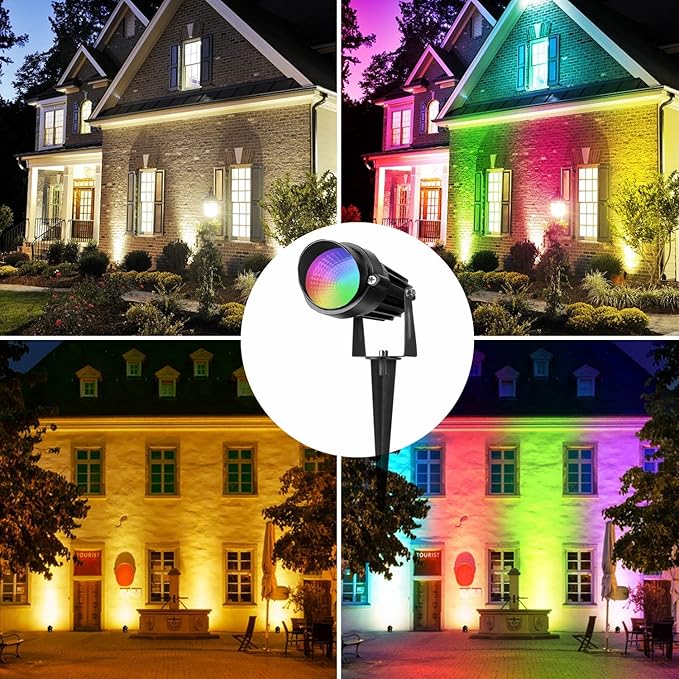 Christmas RGB Spot Lights, Outdoor Spotlights with Timer, 12W Metal Case IP65 Waterproof Color Changing Landscape Lights with Spike Stand for Garden Lawn House Tree (4 Lights)