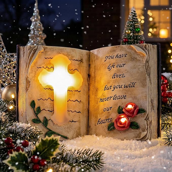 Outdoor Solar Memorial Cross Stakes Lights, Waterproof Book Statue Grave Decorations Sympathy Gifts for Cemetery Garden Lawn Yard Patio Home Decor