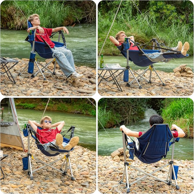 Romswi 2-Pack Aluminum Hammock Chair with Footrest, Oversized Portable Folding Swinging Chair with Adjustable Back & Seat, Lightweight Rocking Camp Chair Supports 440lbs for Outdoor, Patio - Blue