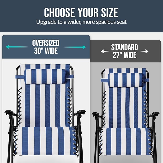 Best Choice Products Set of 2 Extra Wide Adjustable Steel Mesh Zero Gravity Lounge Chair Recliners w/Pillows and Cup Holder Trays - Mediterranean Blue Stripes