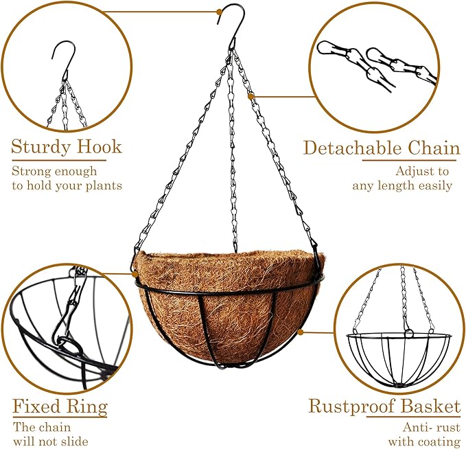Hanging Baskets for Plants Outdoor(8 inch 4 Pack)- Coconut Coir Hanging Planters Outdoor, Metal Wire Baskets with Coco Liner, Hanging Pots for Plants Indoor, Flower Pots for Railings