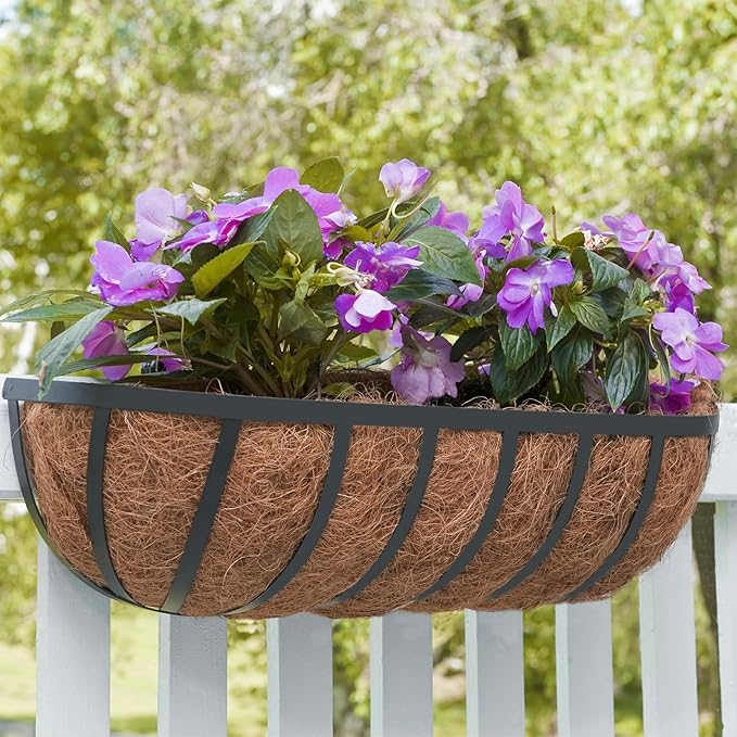 ZeeDix 24 Inch Railing Planter Box, 2 Pack Metal Window Boxes with Coco Liners for Railing, Hanging Flower Boxes for Deck Porch Balcony & Fence Outdoor Indoor Lawn
