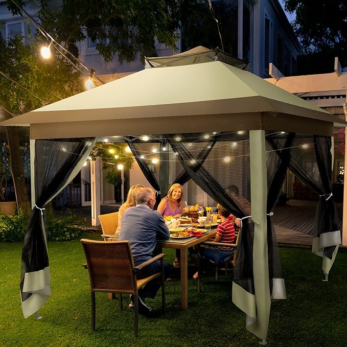 COBIZI 12x12 Pop Up Gazebo On Clearance - Upgrade Easy Up Metal Outdoor Canopy Waterproof - Portable Gazebo with Mosquito Nettings, 4 Ropes 8 Stakes and Carry Bag for Patio Garden(Khaki)