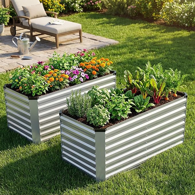 INNO STAGE 4x2x2ft Galvanized Raised Garden Bed, Raised Garden Bed Kit-Metal Planter Box Outdoor, Planting for Vegetables, Fruits, Herbs, Flowers, Silver